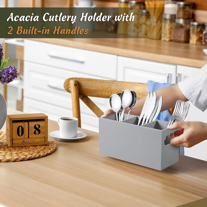 DRASTAR Wooden Silverware Caddy, Flatware Cutlery Holder, Kitchen Utensil Holder for Countertop, Silverware Organizer Containers for Party, Gray - Image 2